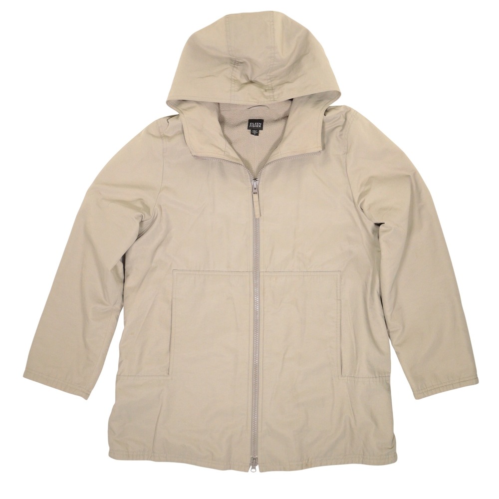 Eileen Fisher Hooded Jacket Fleece Lined Full Zip Tan Cozy Lined Women M